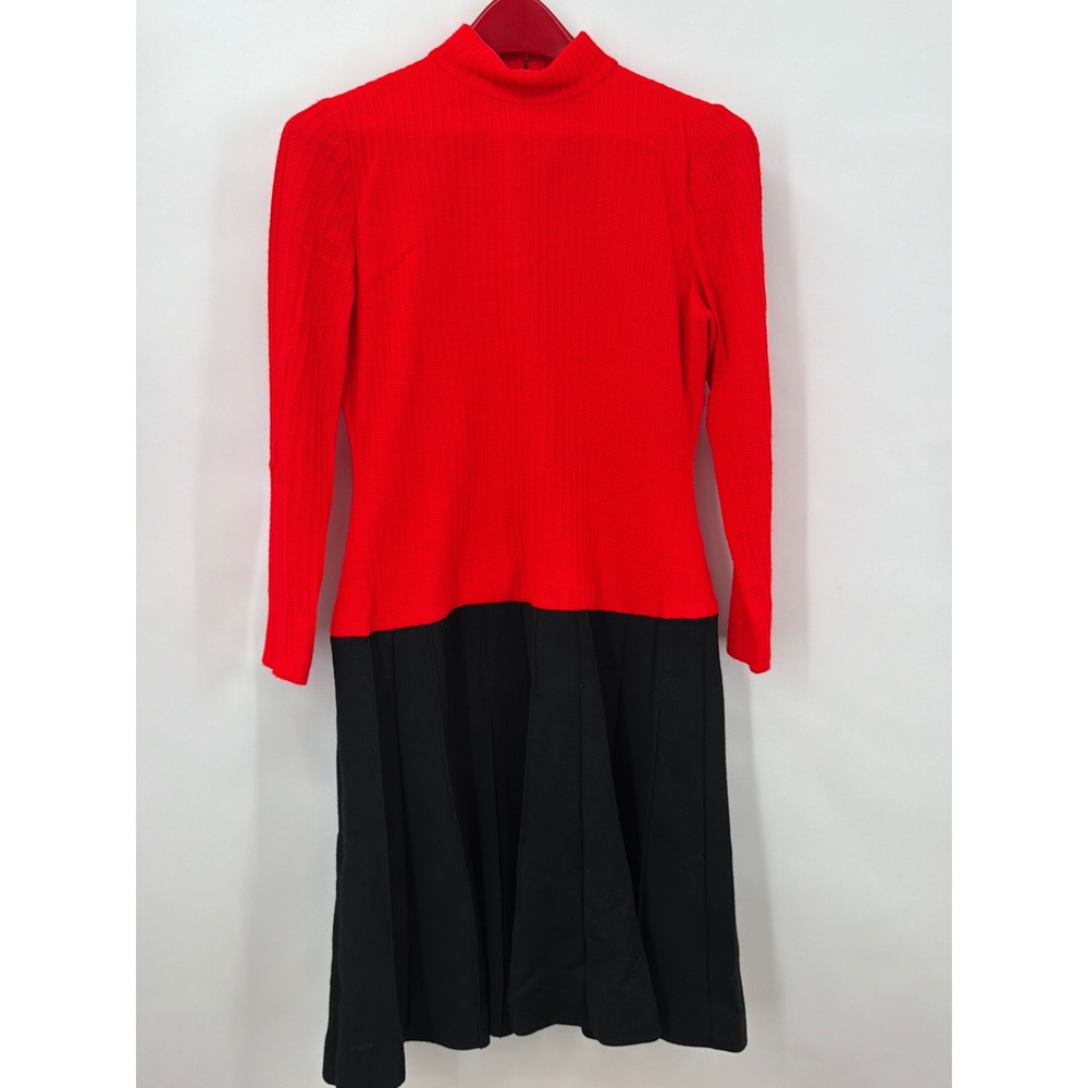 Mildred Kessler Vtg Red Ribbed Knit Black Pleated Skirt Colorblock Dress